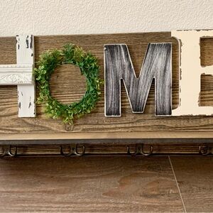Vintage “ HOME “ Hanging Wall Shelf/ Key Holders Metal Hooks